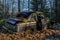 Abandoned old English car covered with moss