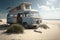 Abandoned old motorhome Camper van. Vehicles on the beach. Digital nomad life.