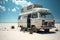 Abandoned old motorhome Camper van. Vehicles on the beach. Digital nomad life.