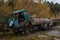 Abandoned old nearly collapsed radiative fuel truck in Chernobyl ghost town