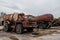 Abandoned old nearly collapsed radiative rusted truck machine in Chernobyl ghost town