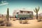 abandoned or old retro caravan living in the middle of the desert with cactus and blank billboard sign as wide banner copy space