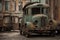 Abandoned old rusty truck in the middle of the abandoned city