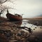 An abandoned old stranded broken wooden shipwrecks fishing boat on a dried up river