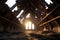 abandoned old wood chapel interior. transparent PNG file. Broken walls and roof tiles ceiling.