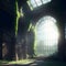 Abandoned Over Time Fantasy Ruined Library Big Windows Sunlight Flayers Nature Taking Over Wet Green Moss Stone Columns And Stairs