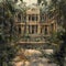 Abandoned Palace in Jungle, Vintage Painting, Ruined Hotel in Deep Forest