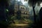 Abandoned Palace in Jungle, Vintage Painting, Ruined Hotel in Forest, Abstract Generative Ai Illustration