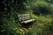 abandoned park bench surrounded by weeds