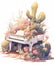 Abandoned Piano Garden: Flowering Cactus and Colorful Succulents in Whimsical Cartoon Style