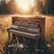 Abandoned piano sits in the open flower filled meadow