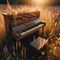 Abandoned piano sits in the open flower filled meadow