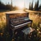 Abandoned piano sits in the open flower filled meadow