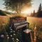 Abandoned piano sits in the open flower filled meadow