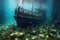 abandoned pirate shipwreck partially submerged in shallow waters