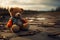 Abandoned play Lonely, broken bear toy on a desolate background