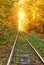 Abandoned railway under autumn colored trees tunnel