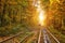 Abandoned railway under autumn colored trees tunnel