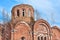 Abandoned red brick Christian church in depths of Russia, abandoned building in wilderness