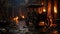 Abandoned Rickshaw Taxi In Burned Warehouse: Cinematic Dark Scene Close-up