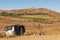 Abandoned Roadside Farm Stalls on Cold Dry Winter Landscape