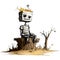 Abandoned robot sit on tree stump