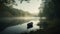 The abandoned rowboat reflects the wet, tranquil autumn forest scene generated by AI