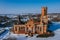 Abandoned ruined catholic church of the Saint Virgin Mary in Kamenka, Saratov Region, aerial view