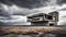 abandoned ruined concrete brutalist building in a desolate scrub landscape