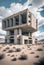 abandoned ruined concrete industrial brutalist building in desert landscape