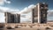 abandoned ruined concrete industrial brutalist building in desert landscape