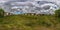 Abandoned ruined decaying hangar barn overgrown with grass without roof in full seamless spherical hdri 360 panorama view in