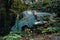 Abandoned rusty car in junkyard. Forgotten discarded rusty old blue car in scrapyard