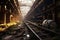 abandoned rusty conveyor belt in a derelict warehouse