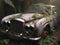 Abandoned rusty petrol luxury sedan car banned for co2 emission agenda, growth plants bloom flowers