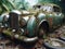 Abandoned rusty petrol luxury sedan car banned for co2 emission agenda, growth plants bloom flowers