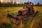 abandoned rusty plow left in tall grass