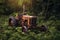 abandoned rusty tractor in overgrown field