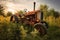 abandoned rusty tractor in overgrown field