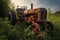 abandoned rusty tractor in overgrown field