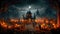 Abandoned scary house with pumpkins, full moon, bats and fog. Pumpkins in a cemetery on a creepy night. Generative AI