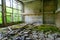 Abandoned school gym in resettled village of Pogonnoe in Chernobyl exclusion zone, Belarus