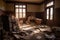 abandoned schoolhouse, with books and desks scattered across the floor