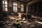 abandoned schoolhouse, with books and desks scattered across the floor