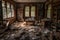 abandoned schoolhouse, with books and desks scattered across the floor