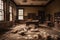 abandoned schoolhouse, with books and desks scattered across the floor