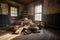 an abandoned schoolhouse with faded chalkboards and rotted books