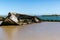 An abandoned ship wreak that is beached up on Orford beach in Suffolk