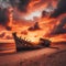 Abandoned shipwreck sits on sun-bathed beach