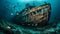 Abandoned shipwreck in tropical waters, home to colorful sea life generated by AI